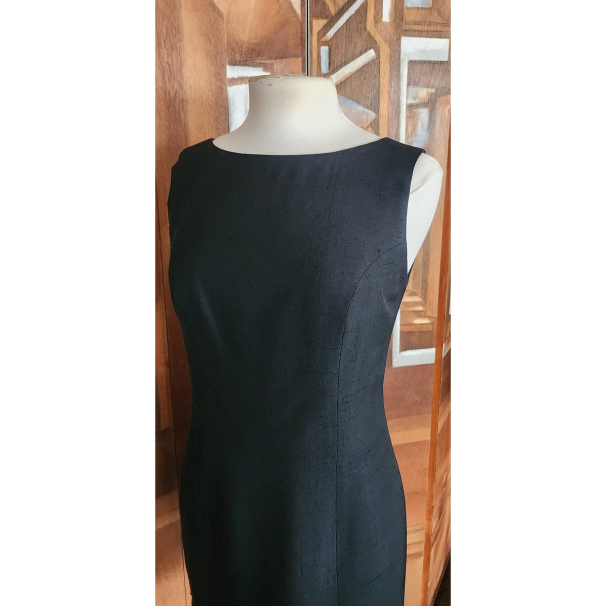 Vintage 1990s Minimalist Dress Black Raw Silk Sleeveless Shift Midi Small
