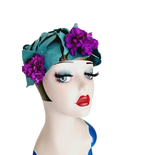 Vintage 50s Flower Hat Felt Petals Blue Purple Hattie Carnegie
