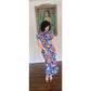 Vintage 30s Blue Floral House Dress Maxi Lounger Puff Sleeve Zip Front XS