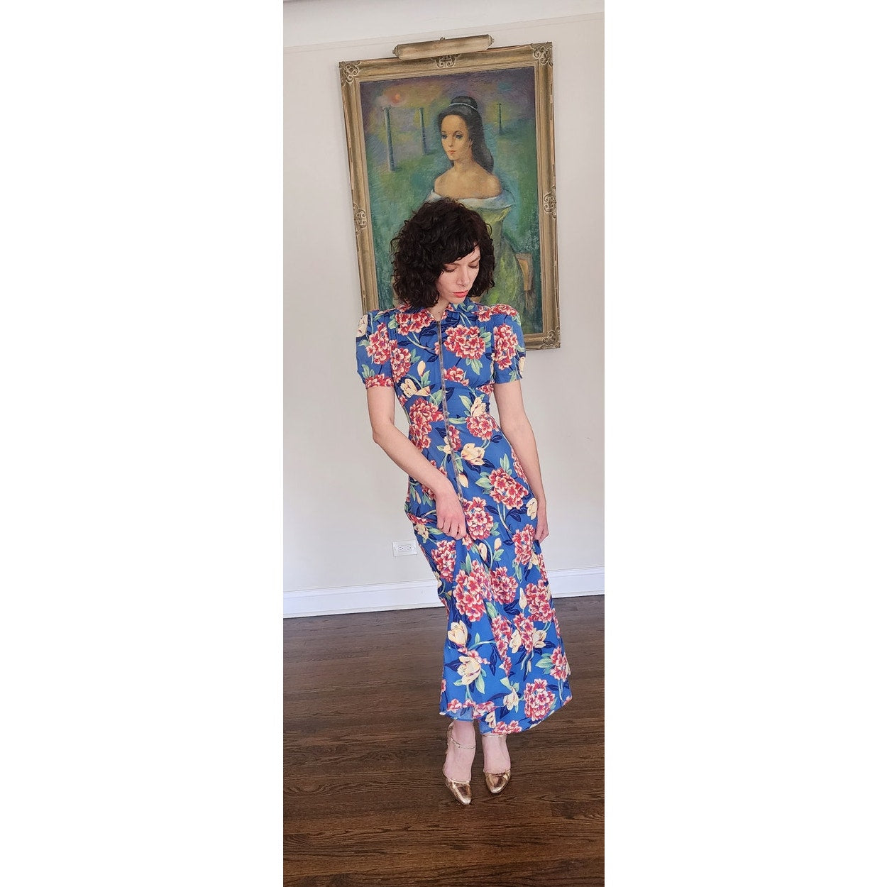 Vintage 30s Blue Floral House Dress Maxi Lounger Puff Sleeve Zip Front XS