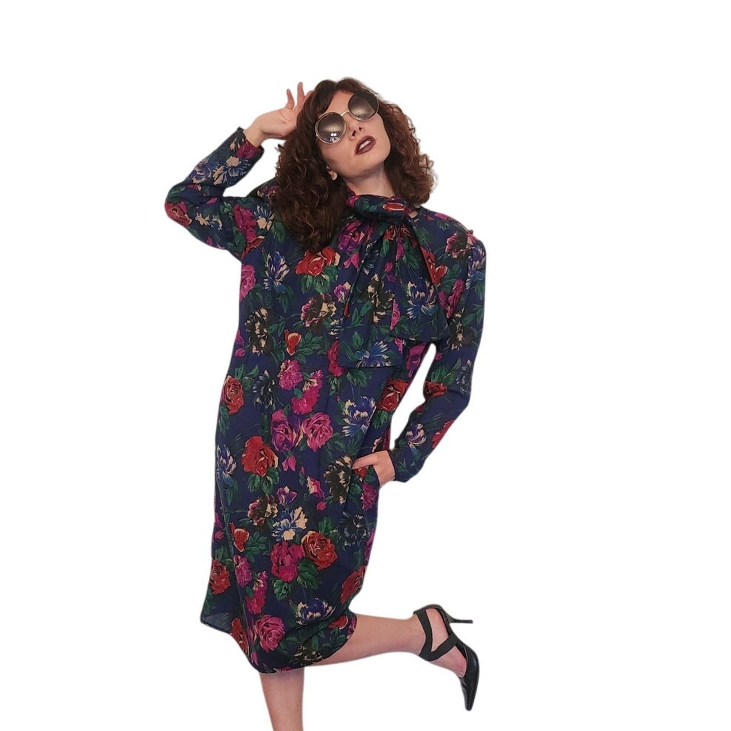 Vintage 80s UNGARO Sac Dress Dark Floral Print Wool w/Sash Necktie / M