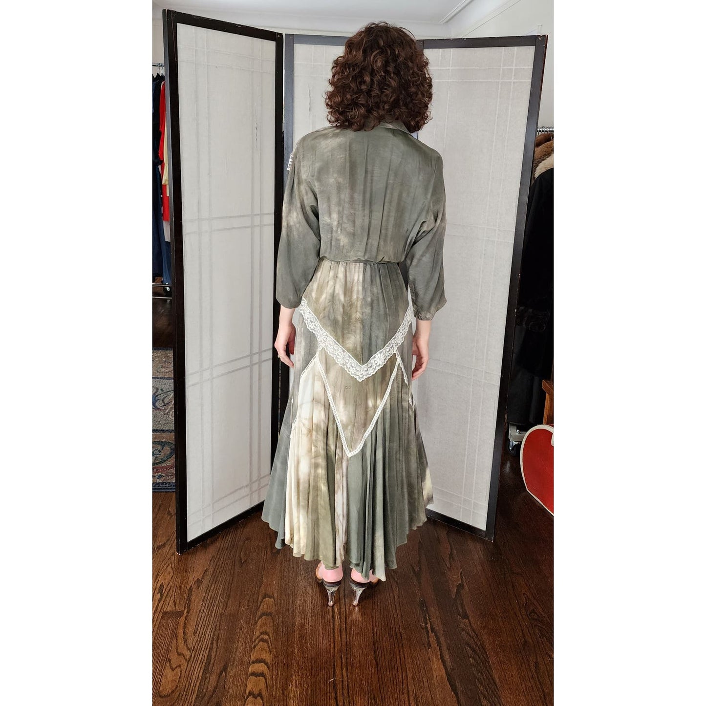 80s Southwestern Style Dress Green Tie Dye White Lace