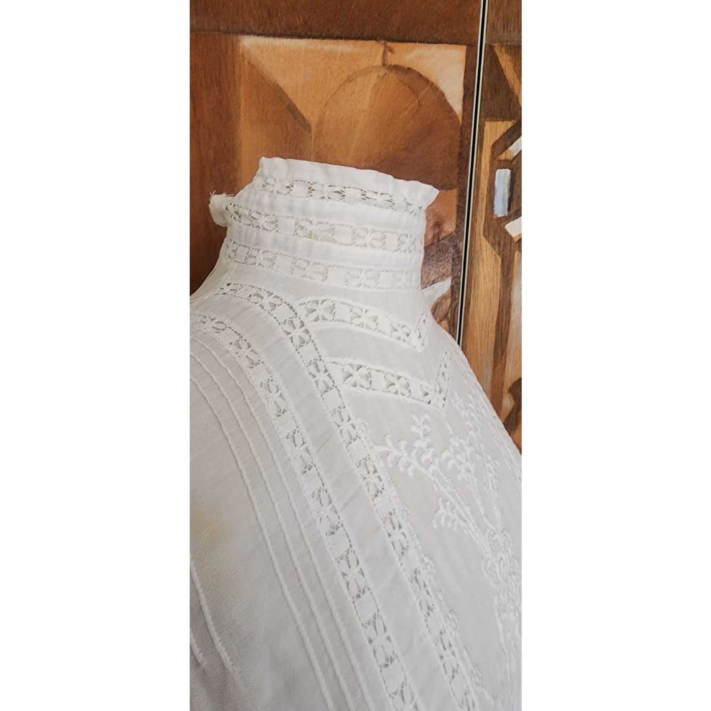 Antique Edwardian Blouse Embroidered White Cotton Lace High Neckline