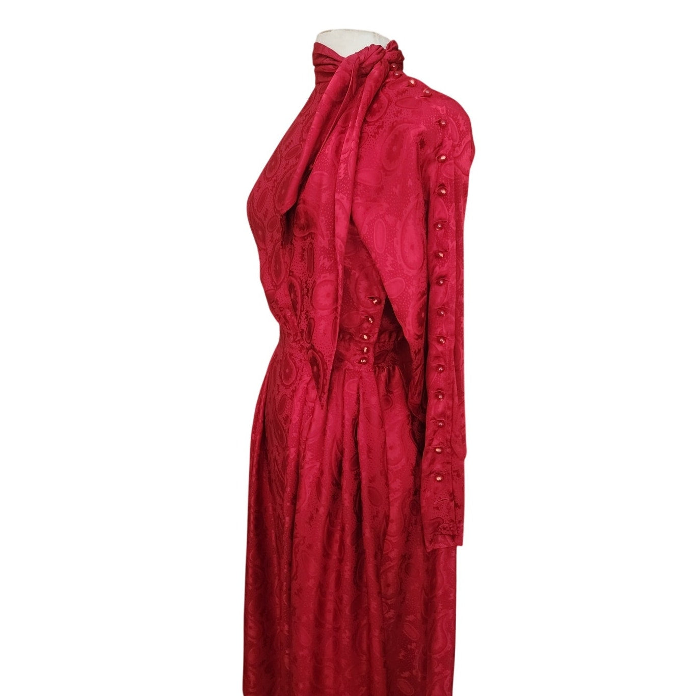 Vintage 1980s Emanuel Ungaro Dress Red Silk Paisley Print I Magnin Long Sleeve Scarf Sash Tie