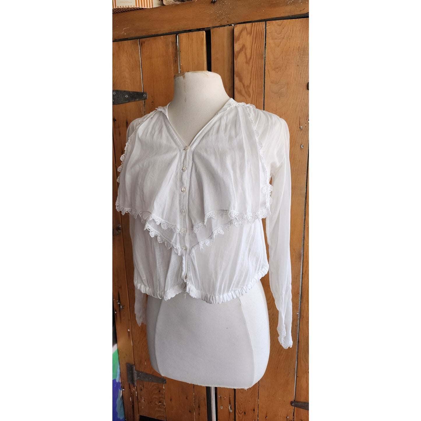 Antique Edwardian White Blouse Frilly Front Panel Sailor Collar