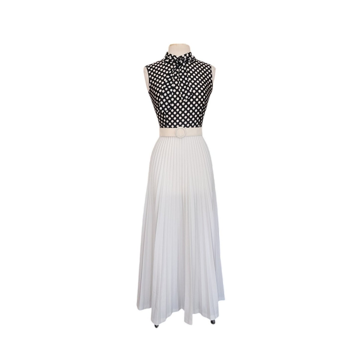 Vintage 70s Polka Dot Maxi Dress Black White Sleeveless + Pussycat Bow