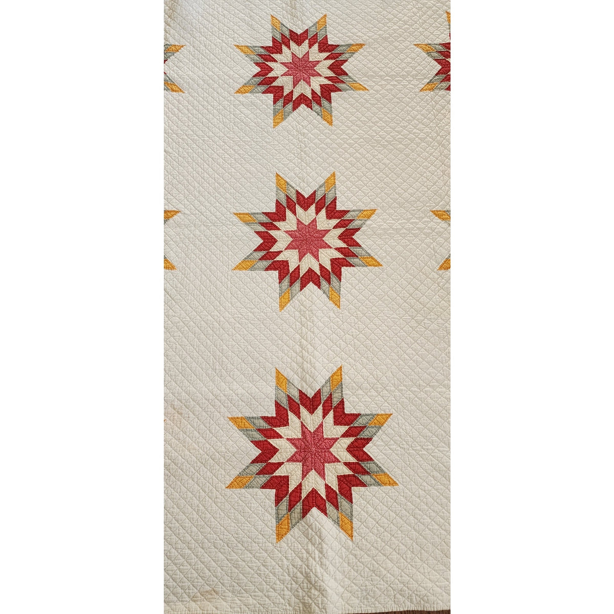 Antique American Quilt 1800s Star Of Bethlehem Cotton Turkey Red Cheddar Yellow on Ivory