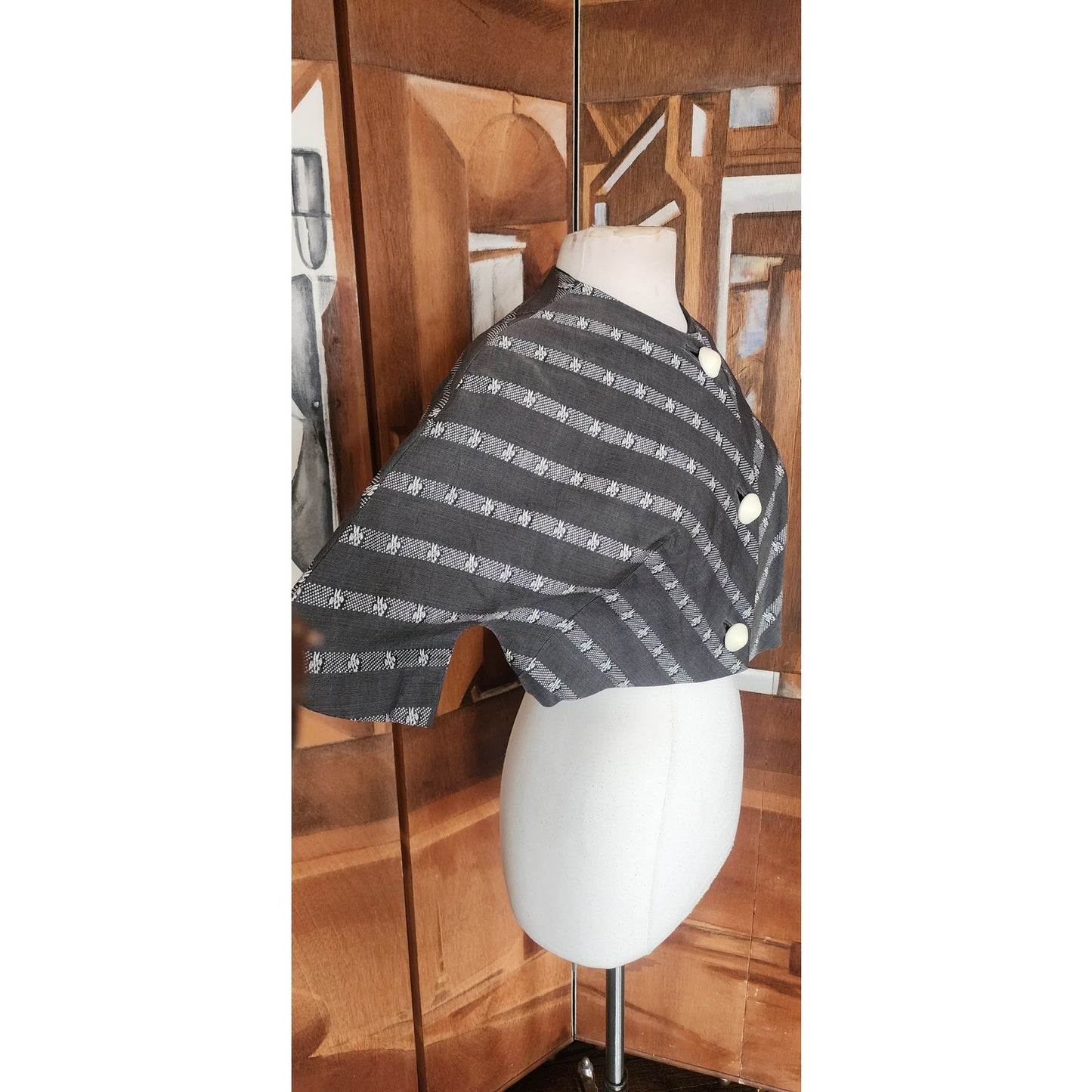 Vintage 50s Cropped Bolero Jacket "Topaz Original" Grey Striped Rockabilly Large