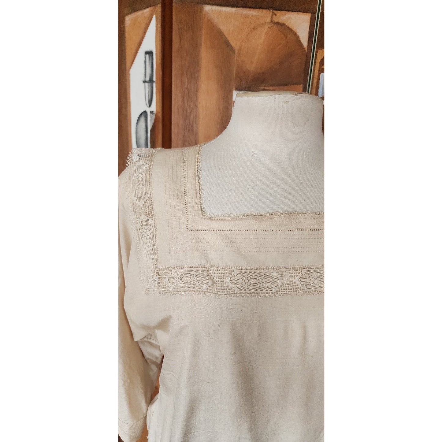 Vintage 1980s Cream Silk Dress Lace Trim Drop Waist Edwardian Style Norma Walters
