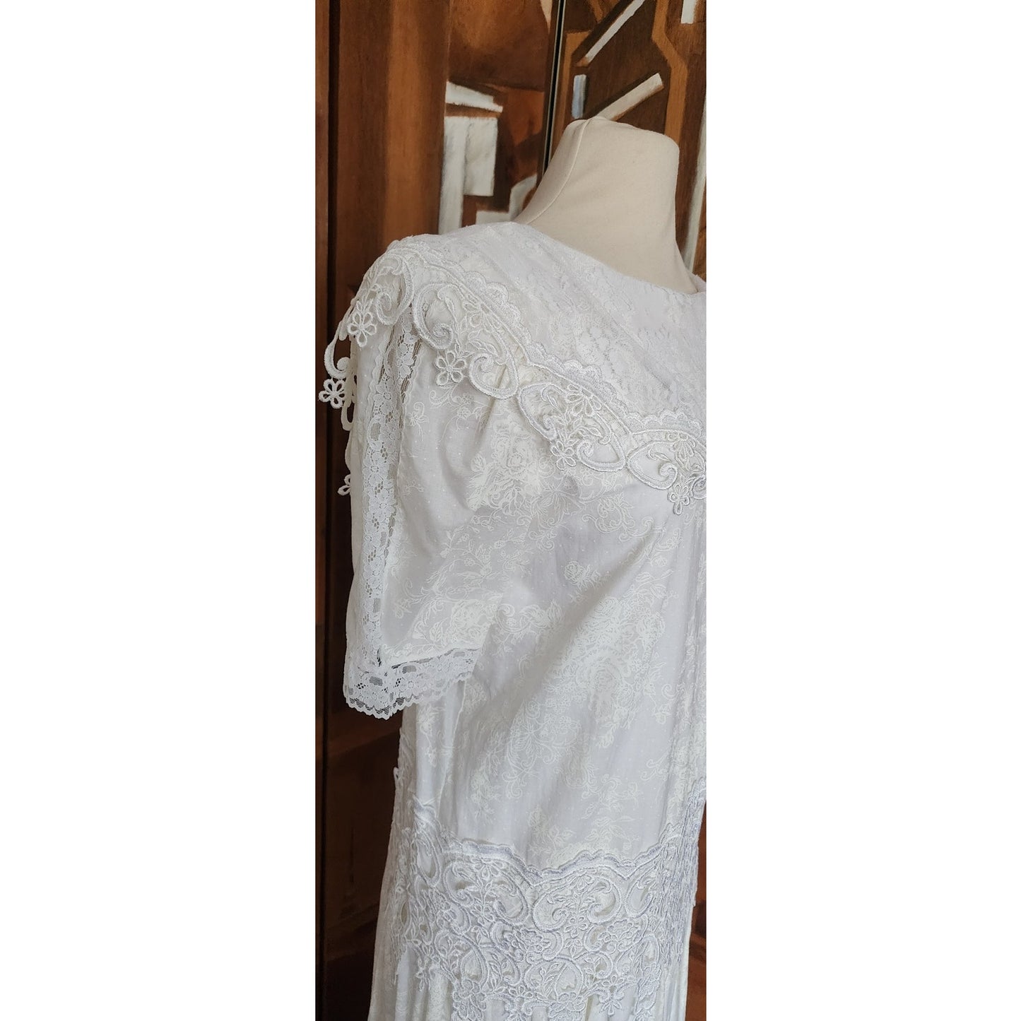 Vintage 80s Scott McClintock White Lace Dress Drop Waist Puffed Sleeves NWT