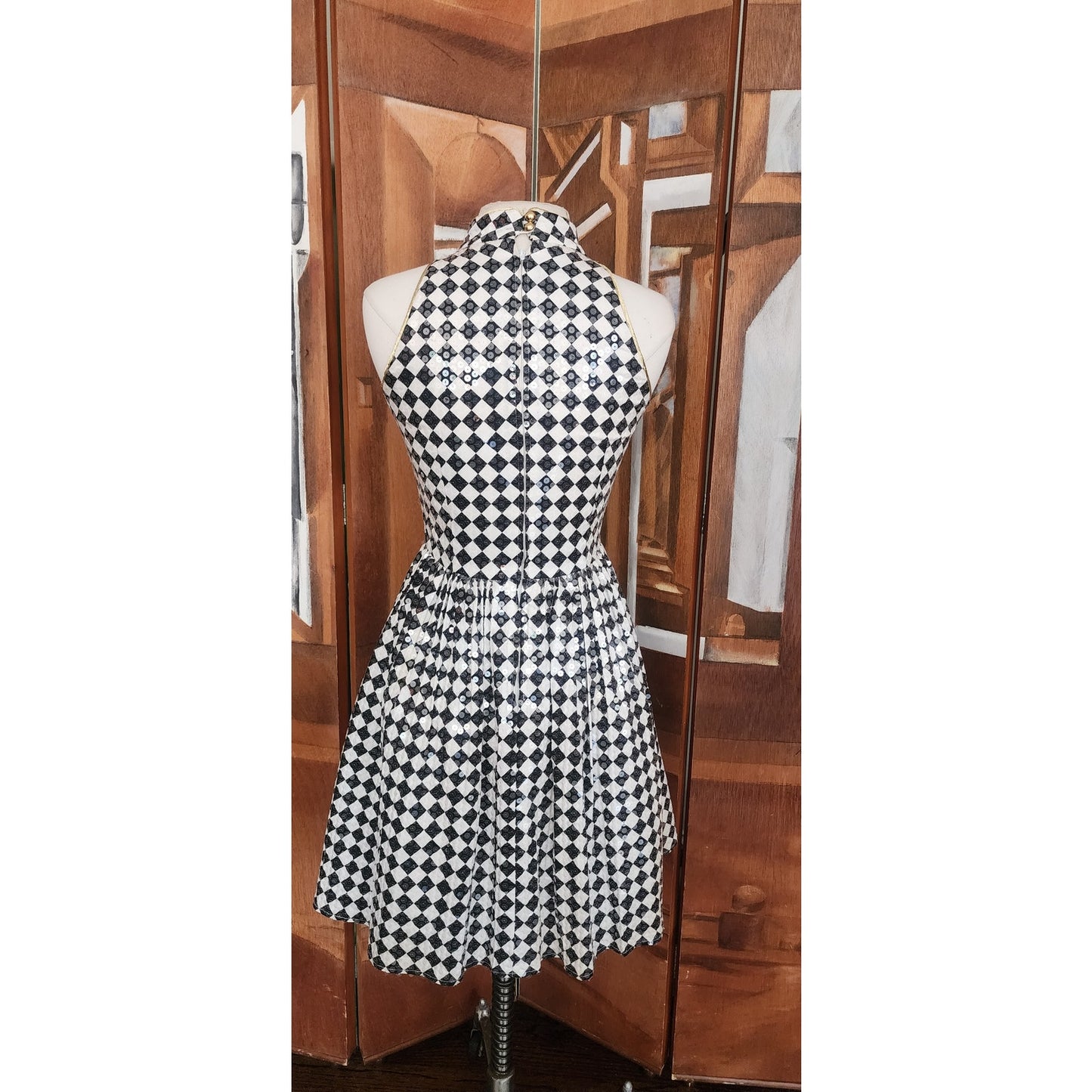 Vintage 80s Morton Myles Dress Mod Black White Checkerboard Print Sleeveless Shift Shiny Clear Sequins