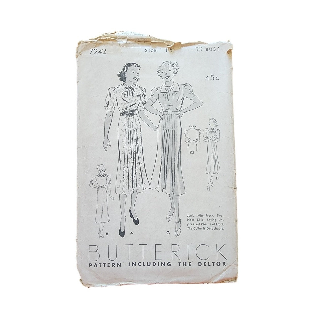Vintage 30s Original Sewing Pattern: Belted Dress Frock w/Pleated Skirt Butterick 7242
