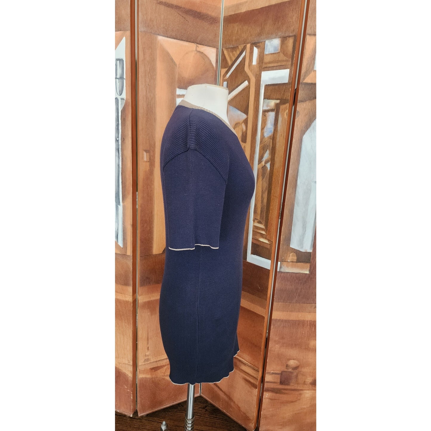 Vintage 90s D&G Dolce & Gabbana Ribbed Knit Mini Dress Blue Beige Trim