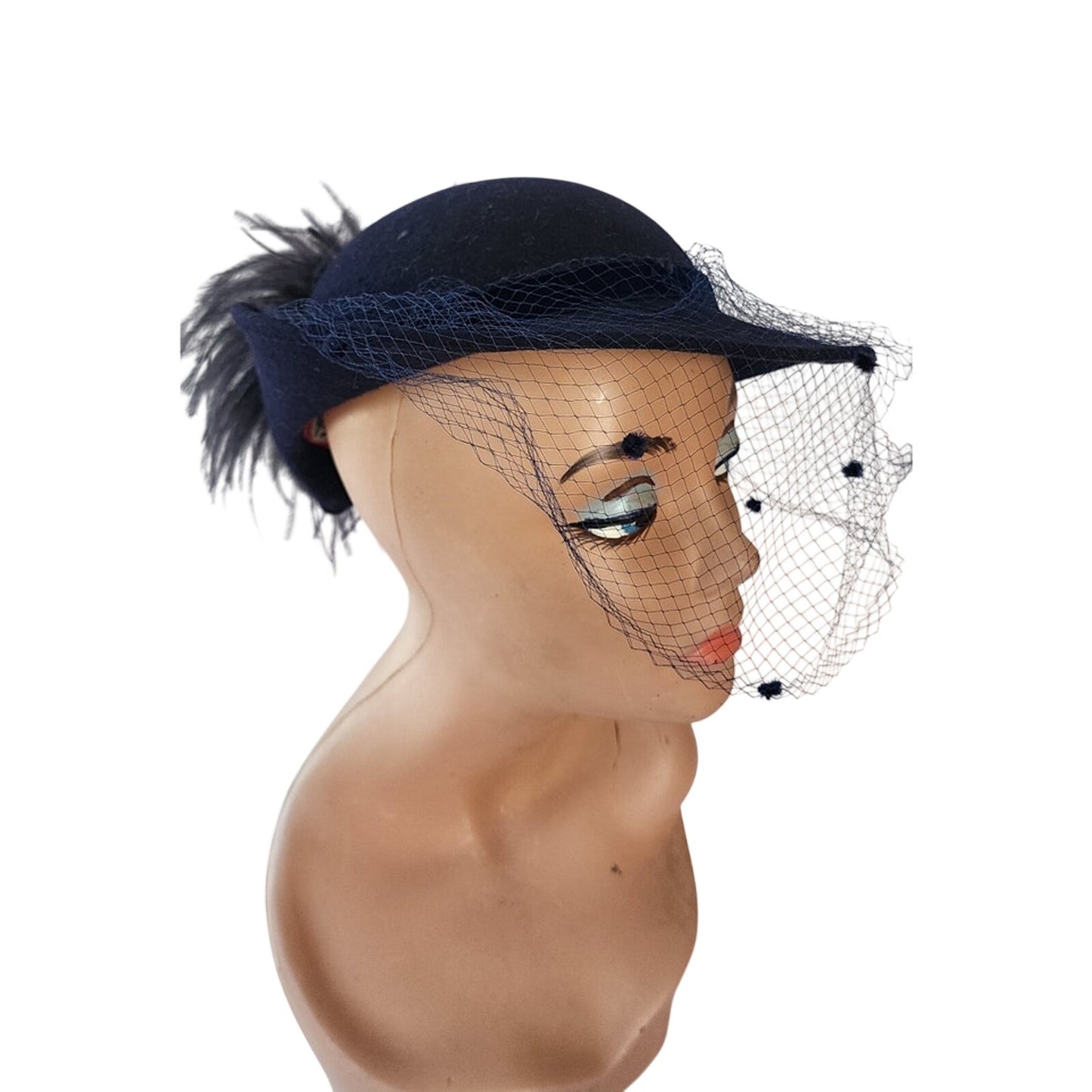 Vintage 70s Navy Blue Wool Hat w/Ostrich Feither & Dotted Veil Georgi