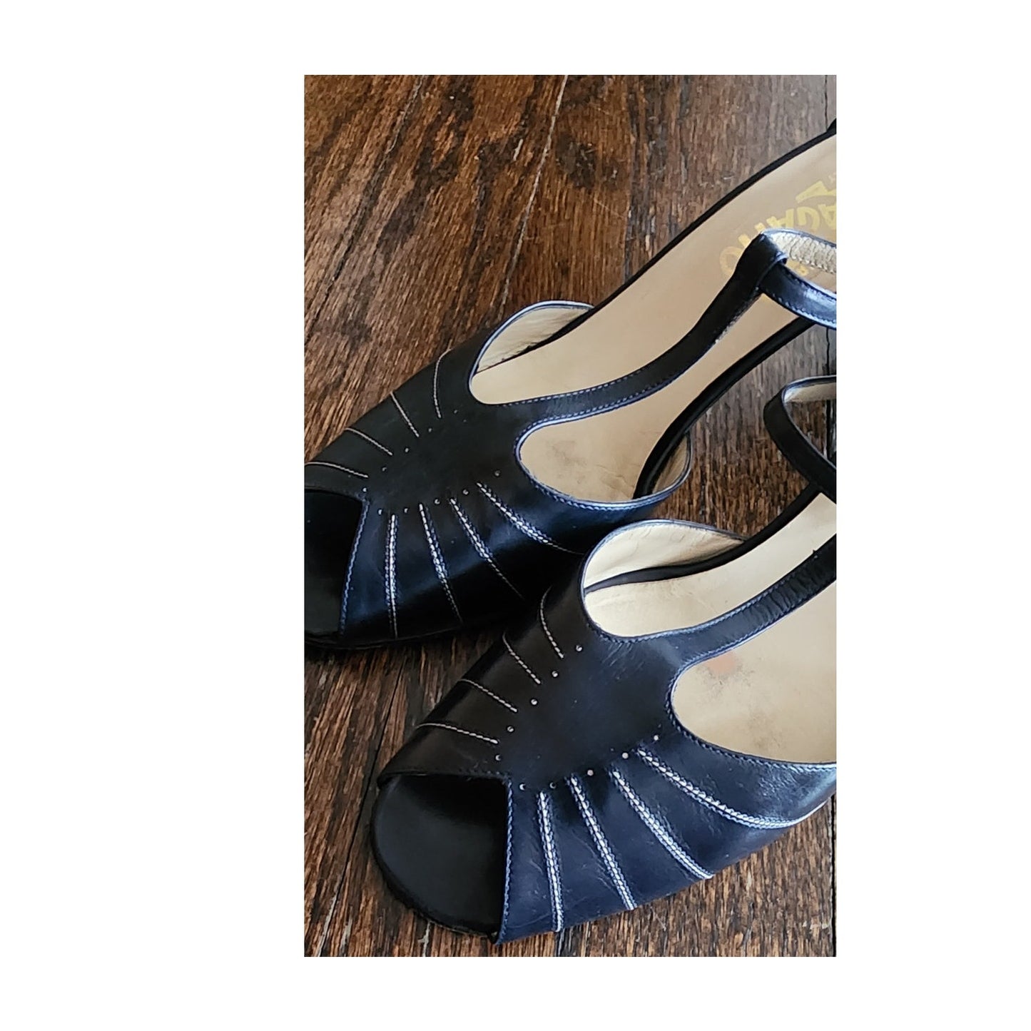 Vintage 70s Ferragamo Navy Blue Leather T Strap Dancing Shoes Mary Jane Heels 10AA
