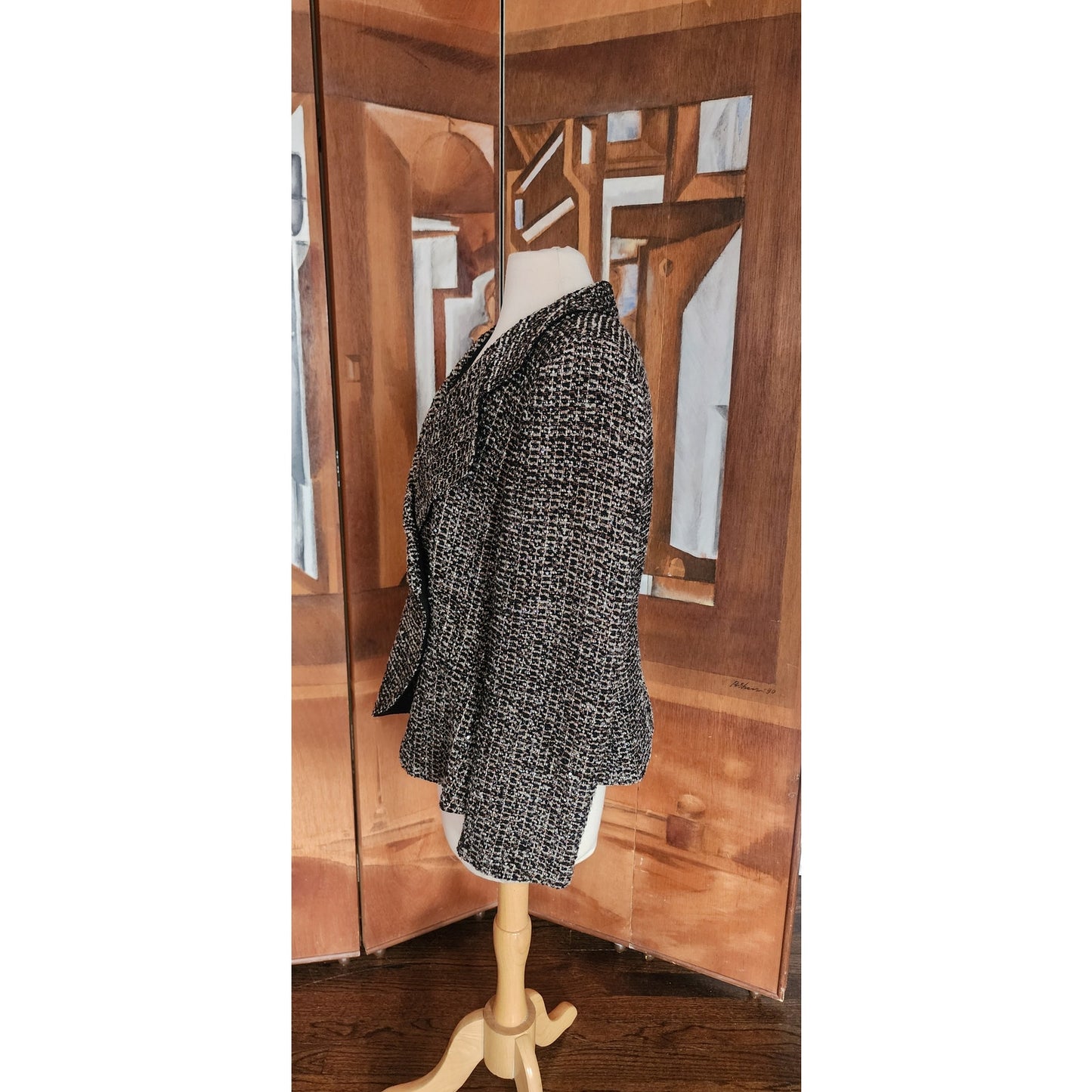 Vintage 2000s Armani Blazer Gray Gold Boucle Tweed Peplum Fitted Jacket / L