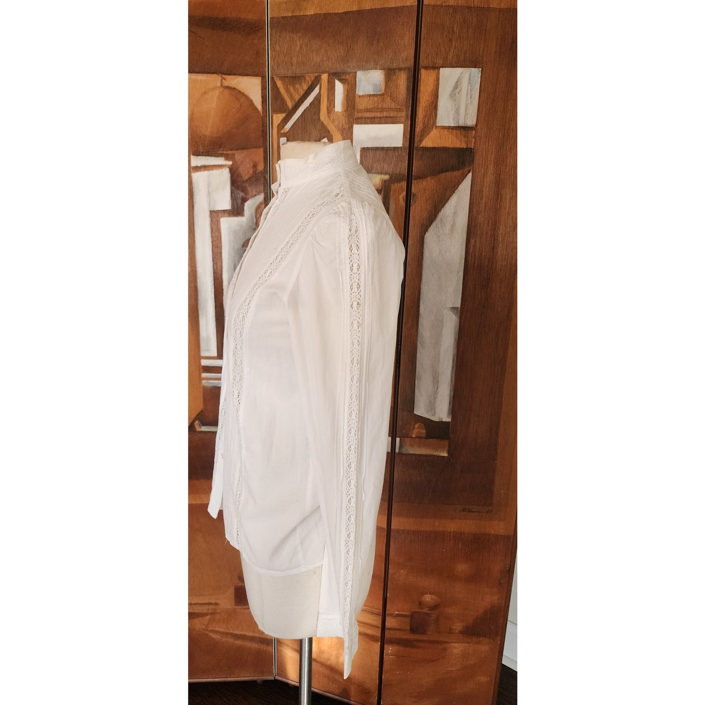 Vintage 70s Laura Ashley Blouse White Cotton Lace Crochet High Collar Puffed Shoulders Neo Edwardian