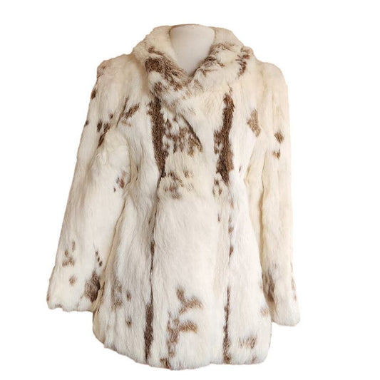Vintage 70s Rabbit Fur Jacket White Brown Mottled Pattern