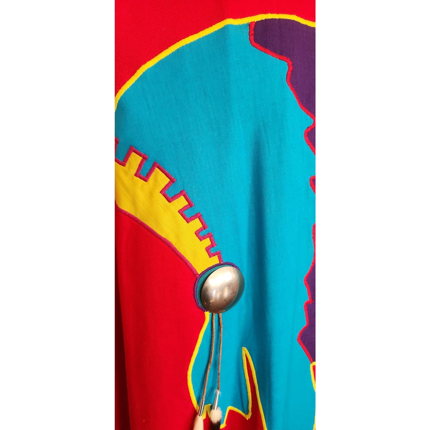 Vintage 80s Southwestern Coat Red Cotton Canvas Handpainted Indian Headdress Native American