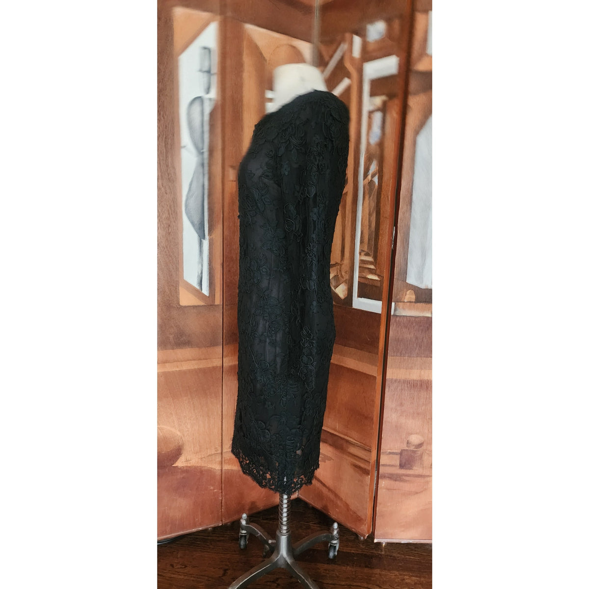 Vintage 1990s Calvin Klein Dress Black Lace Scalloped Boat Neck Long Sleeve Sz 8