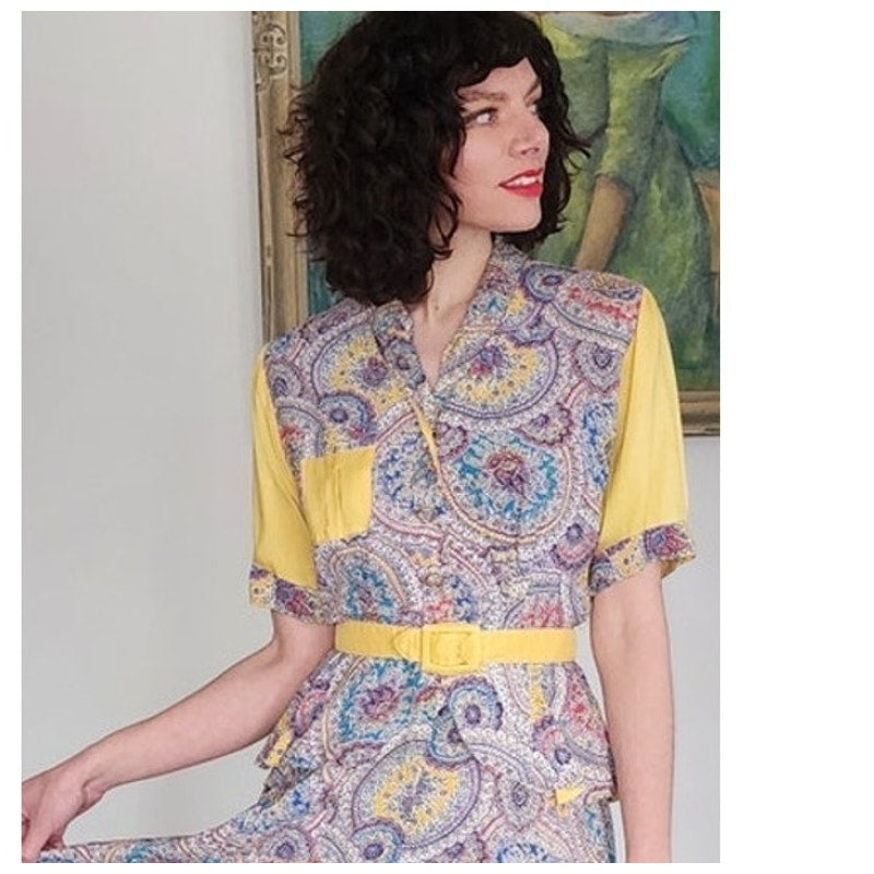 40s Saybury Paisley Rayon 2 Pc Dress &amp; Jacket Set with Yellow Sleeves &amp; Belt