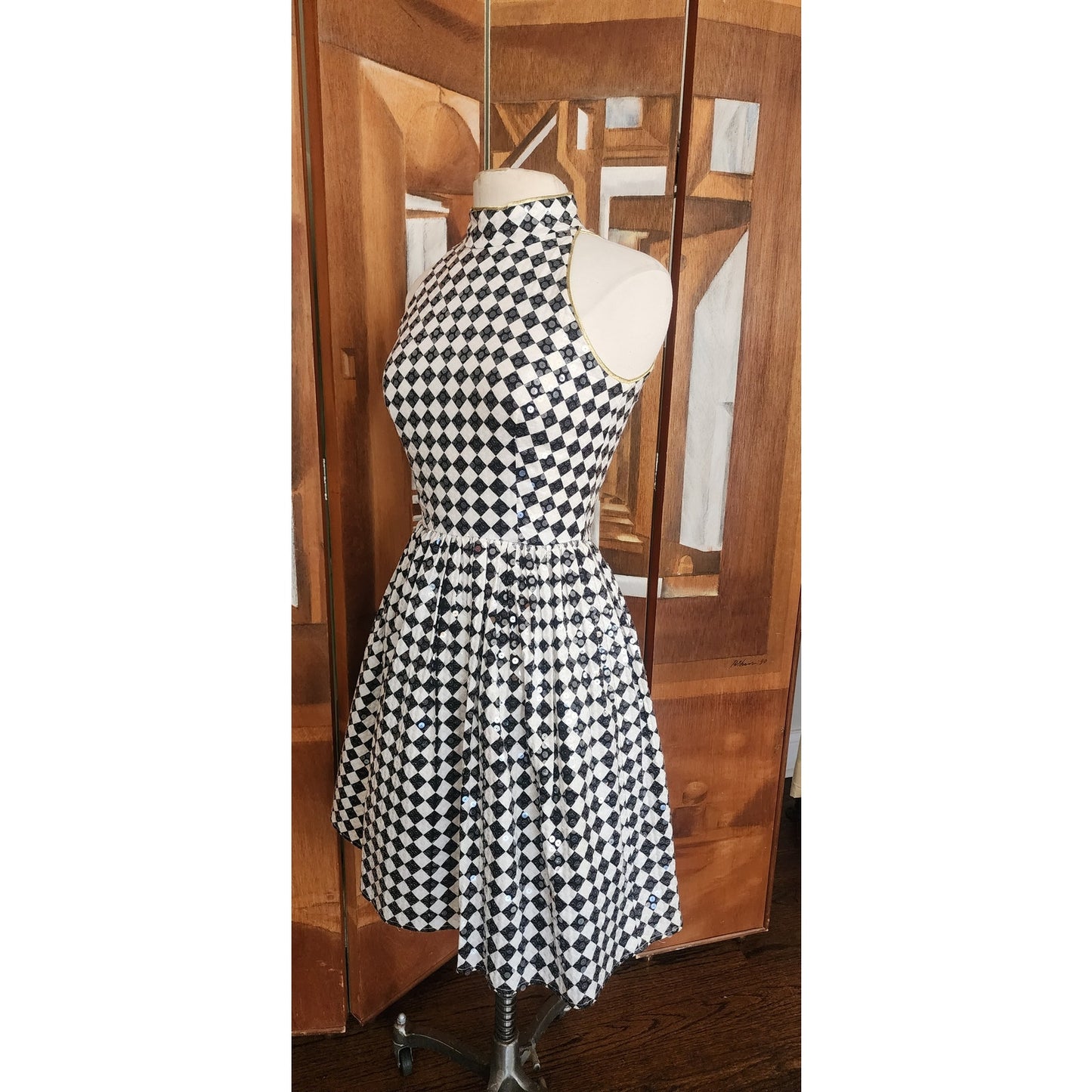Vintage 80s Morton Myles Dress Mod Black White Checkerboard Print Sleeveless Shift Shiny Clear Sequins