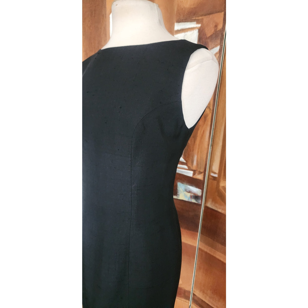 Vintage 1990s Minimalist Dress Black Raw Silk Sleeveless Shift Midi Small