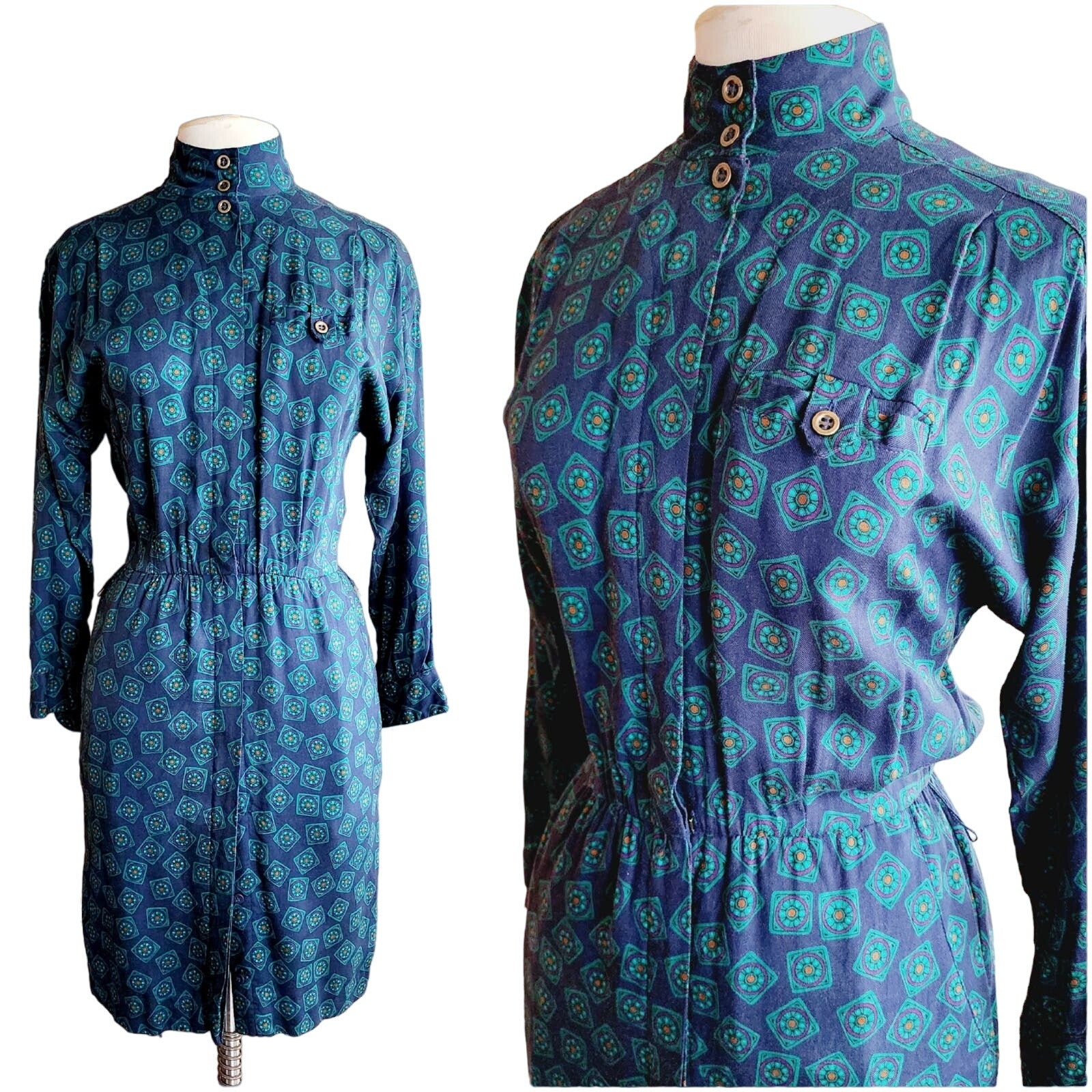 Vintage 80s Liz Claiborne Button Down Dress Green Blue Print RareJule Vintage