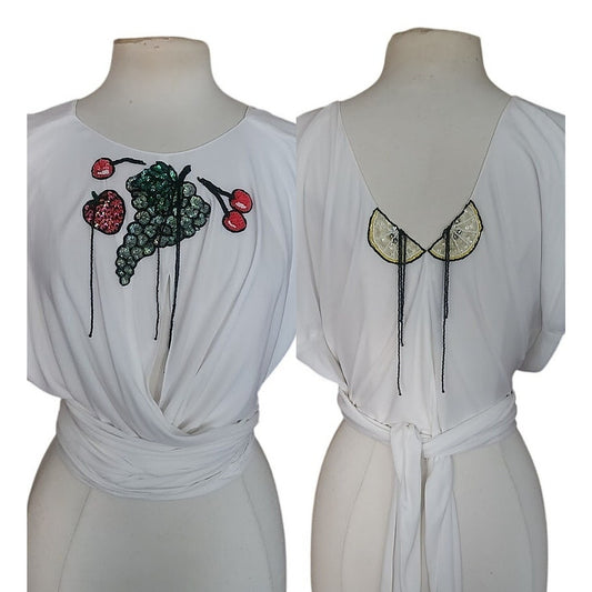 Vintage 1980s Holly Harp Top Silk Jersey Fruit Embroidery Beaded Fringe Tunic