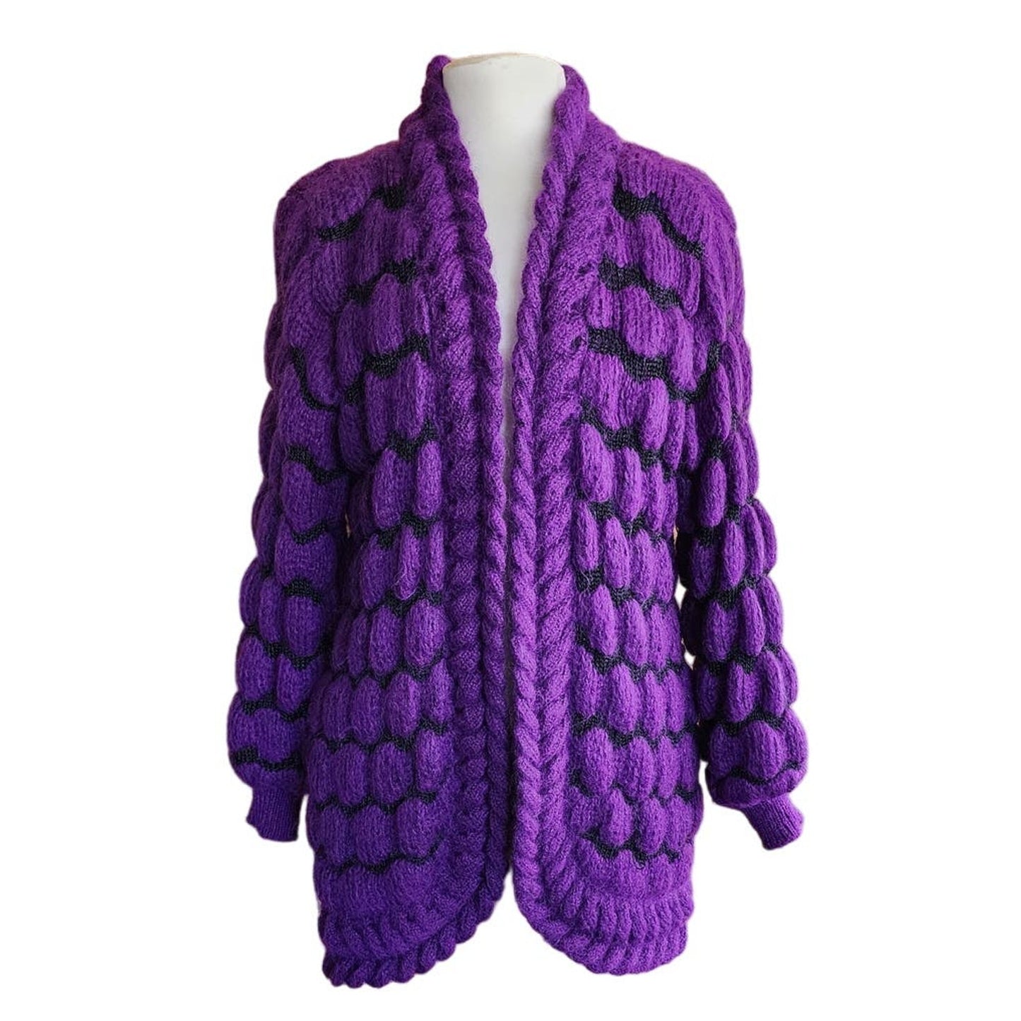 Vintage 80s Purple Sweater Cardigan Bubble Knit Oversized by Career Franklin