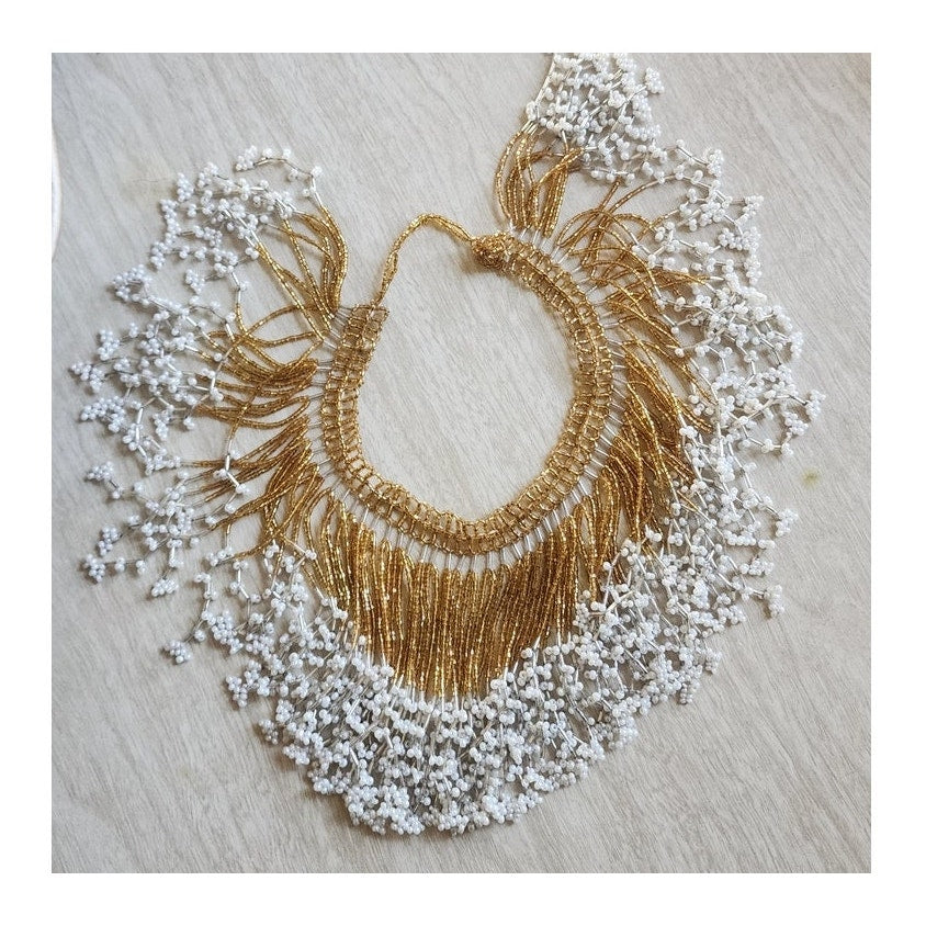 Vintage Bib Necklace Boho Fringed Collar Gold Glass Faux Pearl Beads
