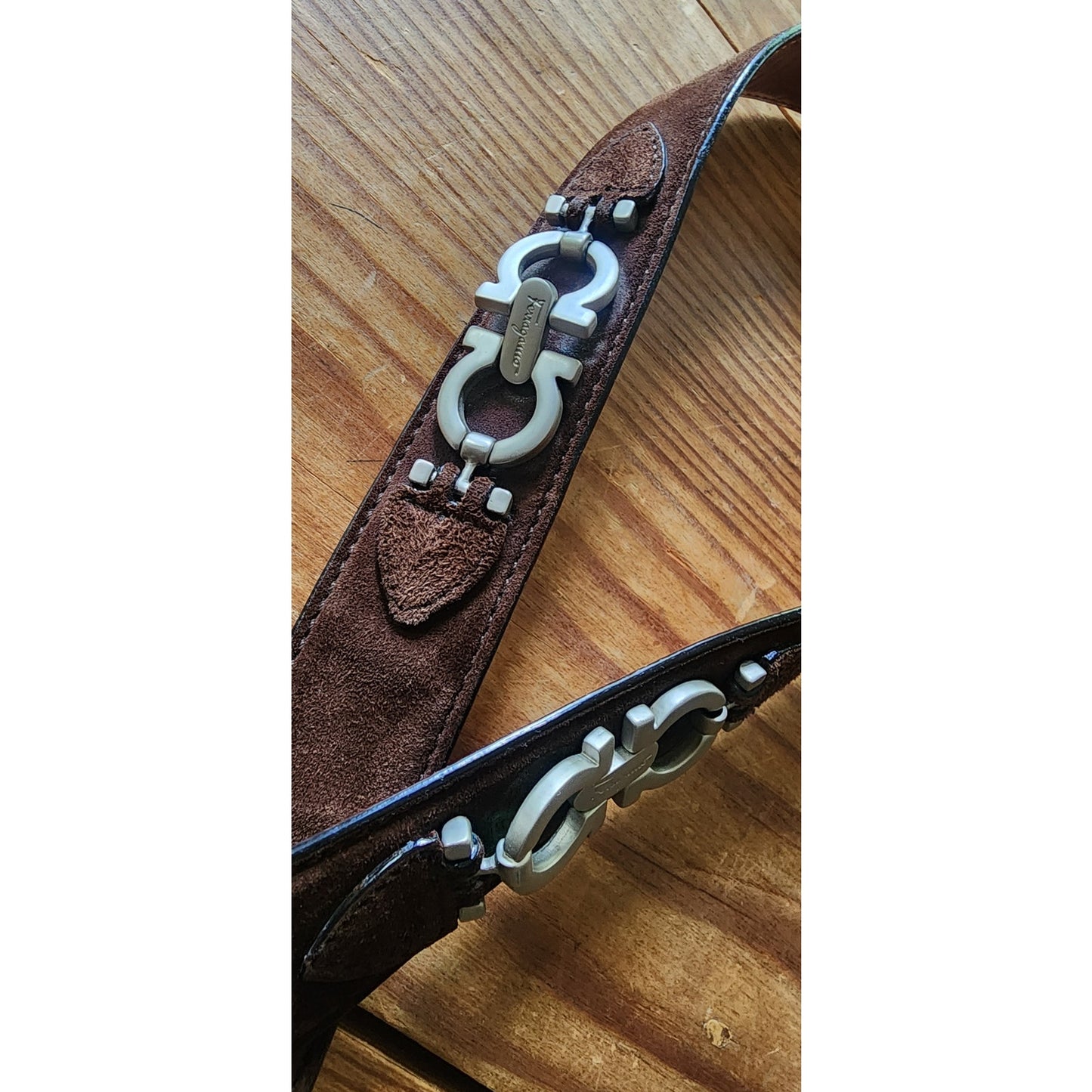 Vintage 1990s Ferragamo Belt Brown Suede + Silver Gancini Concho Panels Size 32