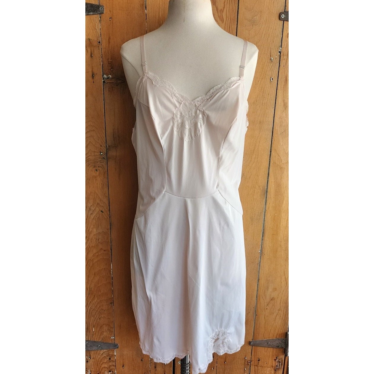 60s Slip Dress White Pale Pink Nylon & Lace Van Raalte Large