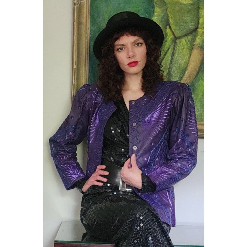Vintage 80s Purple Leather Blazer Beaded Sequined Jacket French Collizioni / M