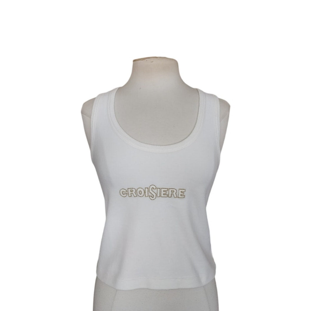 Vintage 1990s Sonia Rykiel Velour Top White Gold Tank Shell Embroidered  CROISIERE Cruise