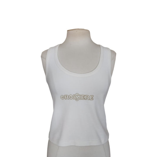 Vintage 1990s Sonia Rykiel Velour Top White Gold Tank Shell Embroidered  CROISIERE Cruise