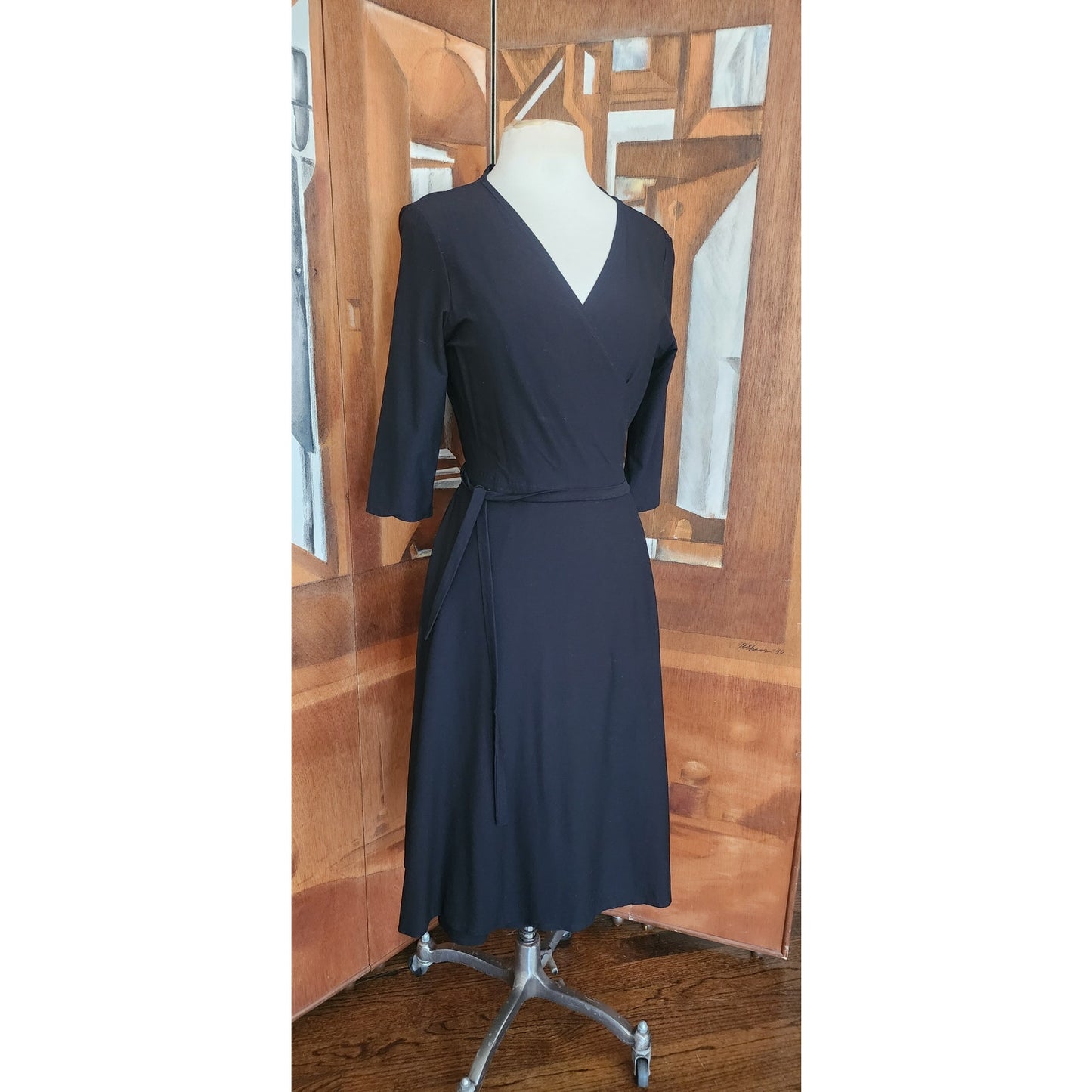 Vintage Eileen Fisher Y2K Black Rayon Stretch Knit Wrap Dress Midi