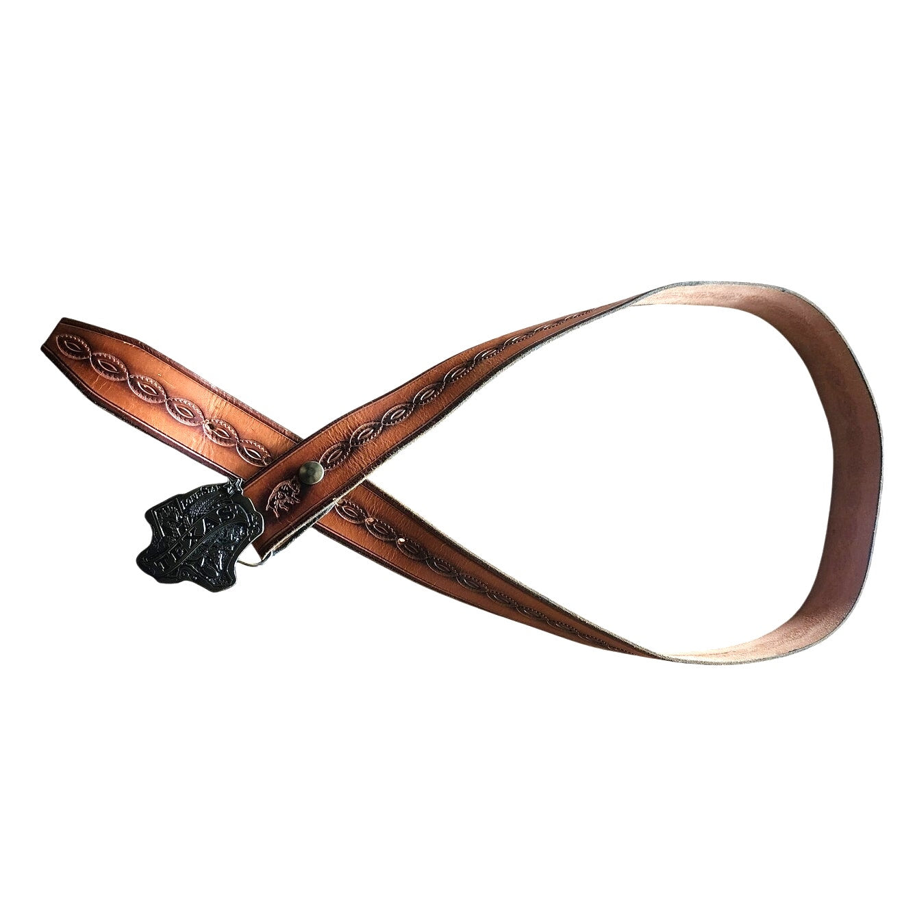 Vintage 1980s Tooled Leather Belt Mens Brass Buckle Texas Lone Star / Great American Buckle Company Chicago 42" - 47"