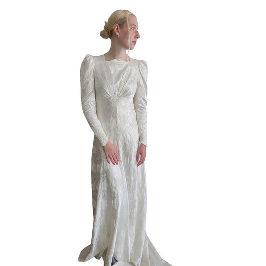 Vintage 1940s Wedding Dress Ivory Damask Long Sleeves by LaRose / Small