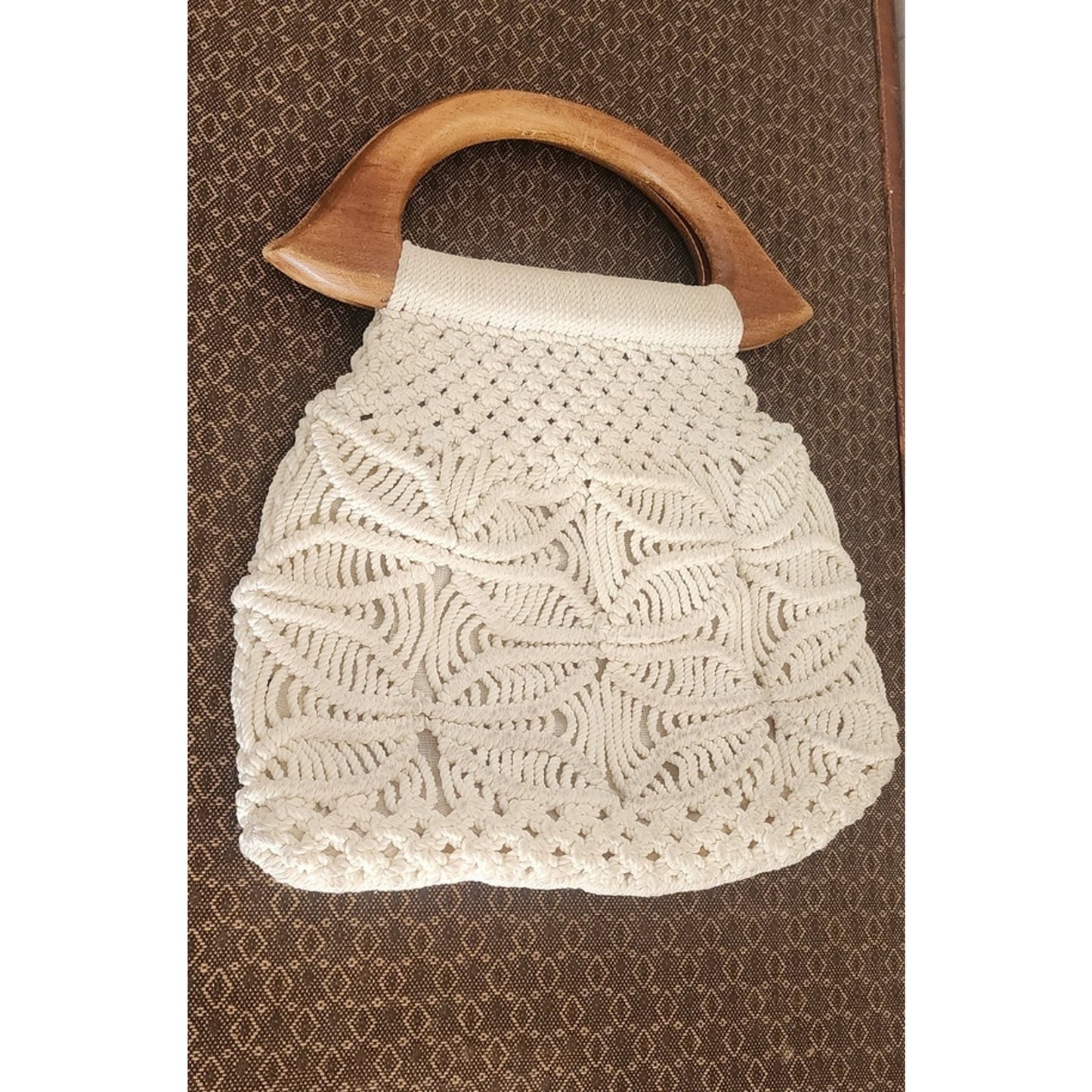 Vintage 70s Macrame Handbag Cream White Crochet Purse Wood Handle