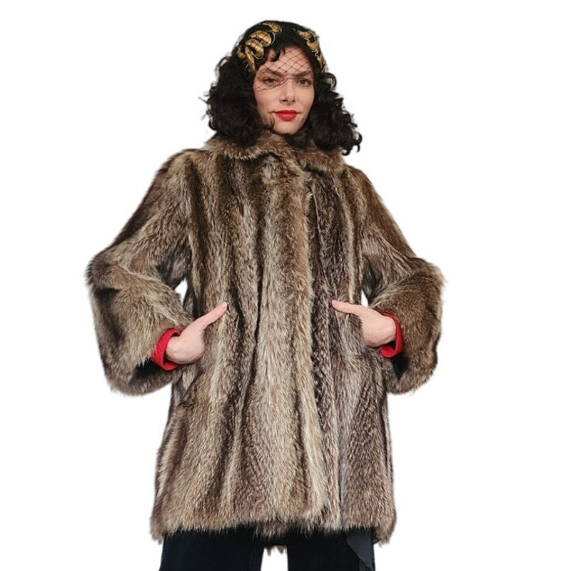 Vintage Fur Coat Silver Tipped Raccoon Hip Length Revillon Boho Style Size Medium SATC