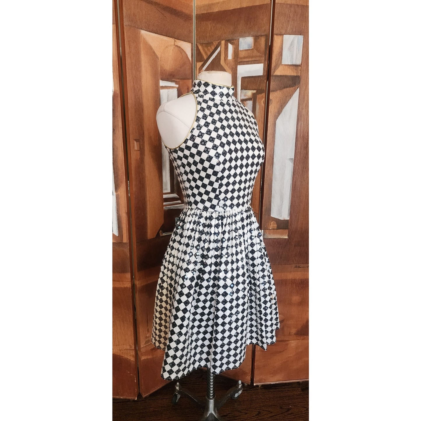 Vintage 80s Morton Myles Dress Mod Black White Checkerboard Print Sleeveless Shift Shiny Clear Sequins