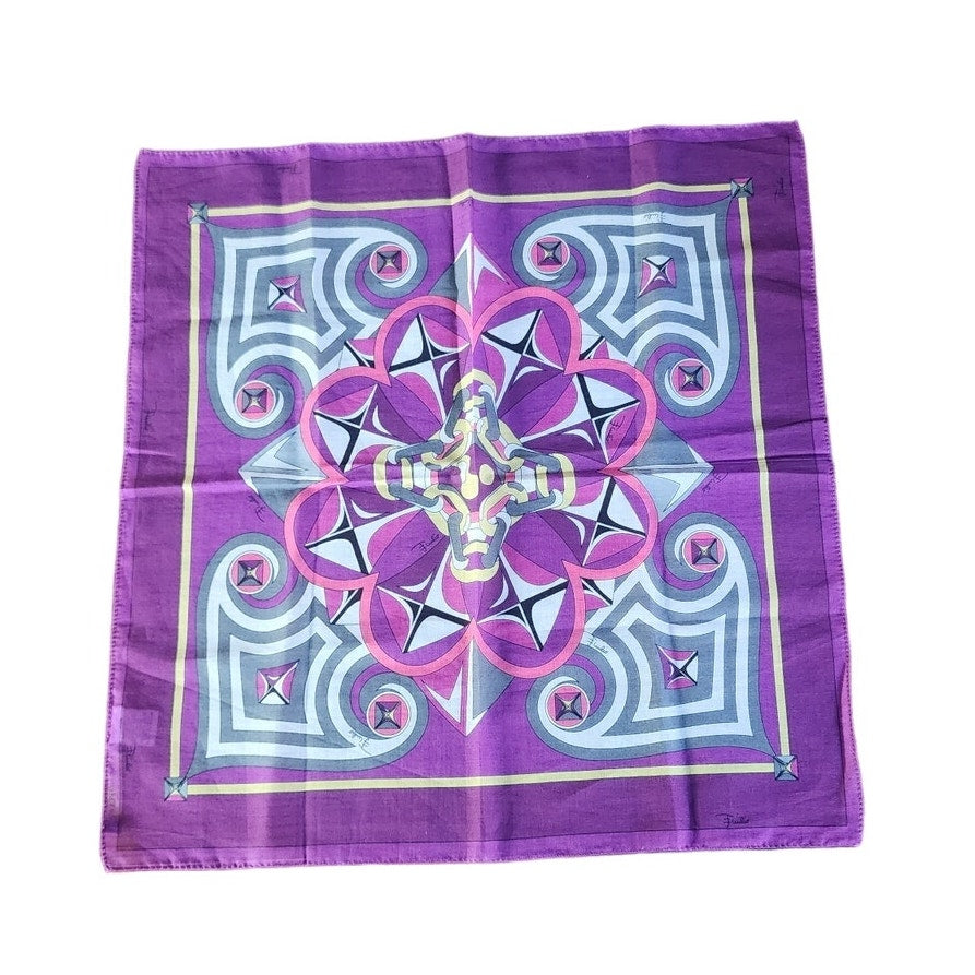 Vintage Pucci Cotton Print Scarf Purple Pink Pattern 16" Square Foulard