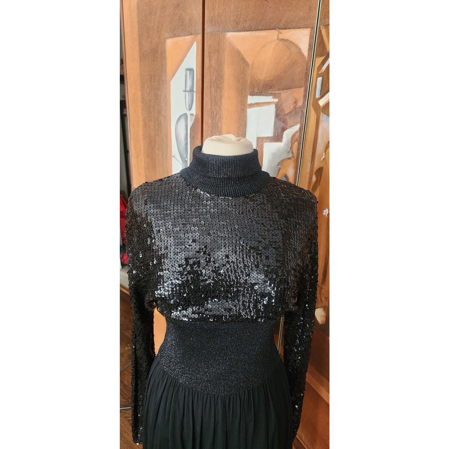 Vintage 1970s Black Maxi Dress Silk Knit Sequined Lurex Pat Sandler Dress Long Sleeve S