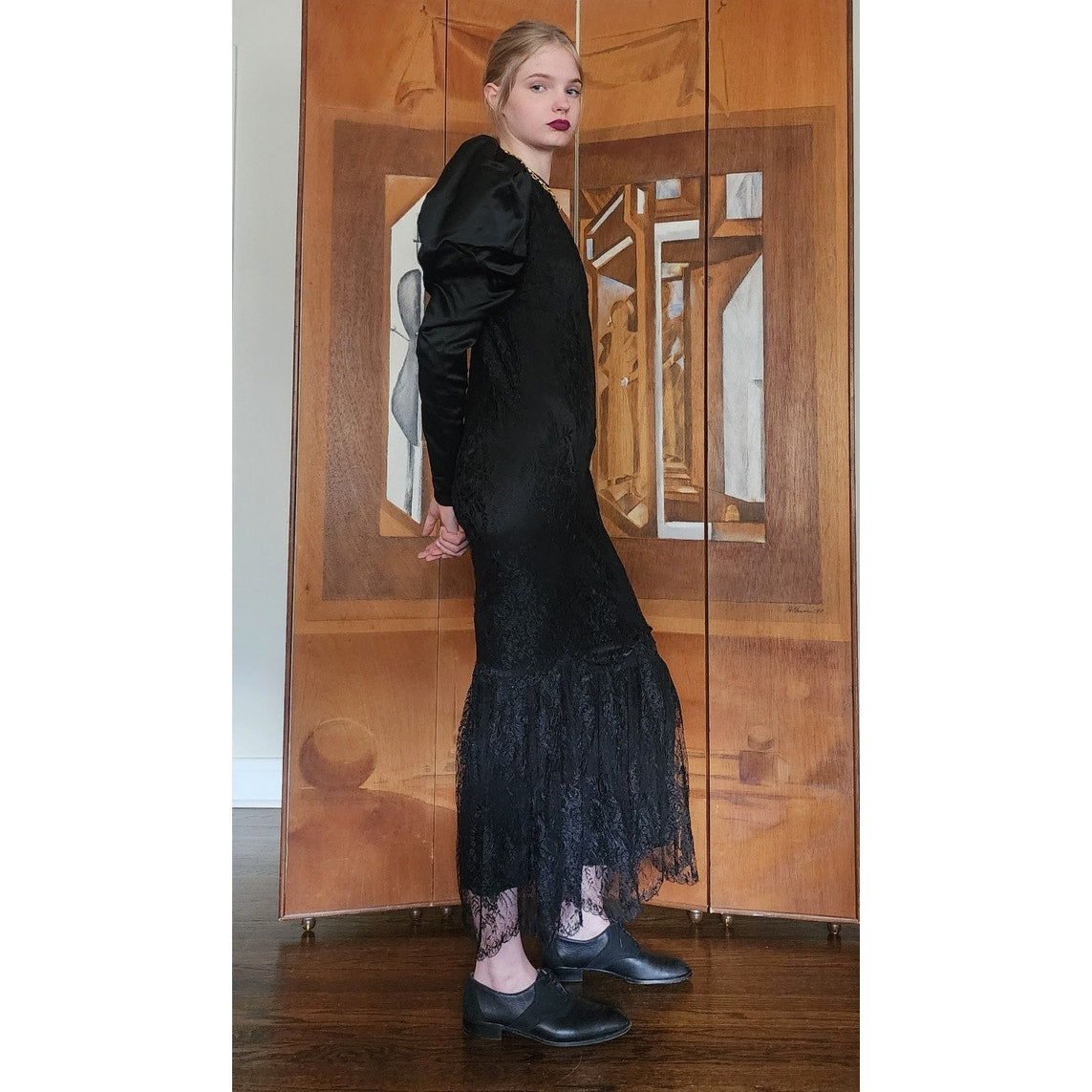 Vintage 80s GALAN0S Couture Dress Black Lace Evening Gown Sculpted Puffed Shoulders