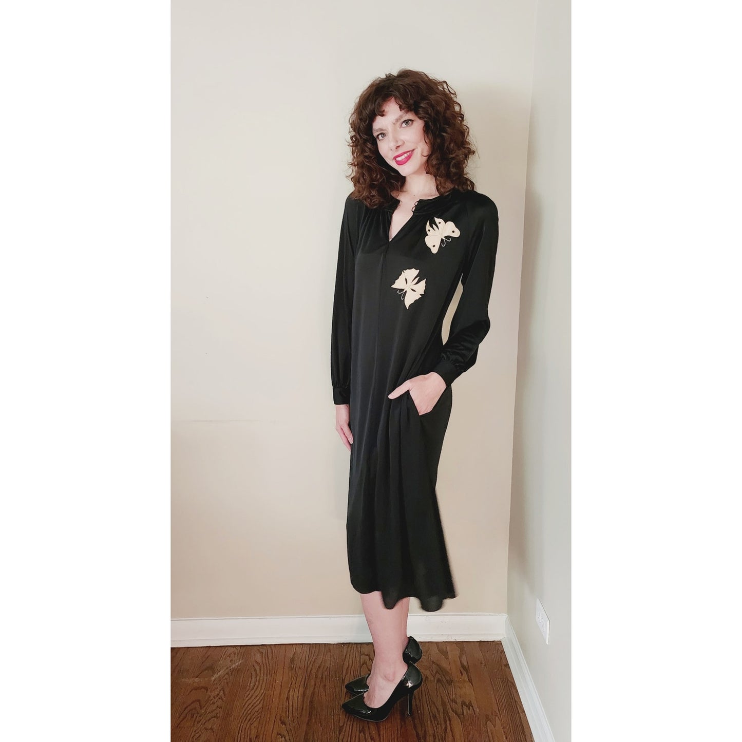 Vintage 70s Black Dress Butterfly Embroidery Ciao Ltd