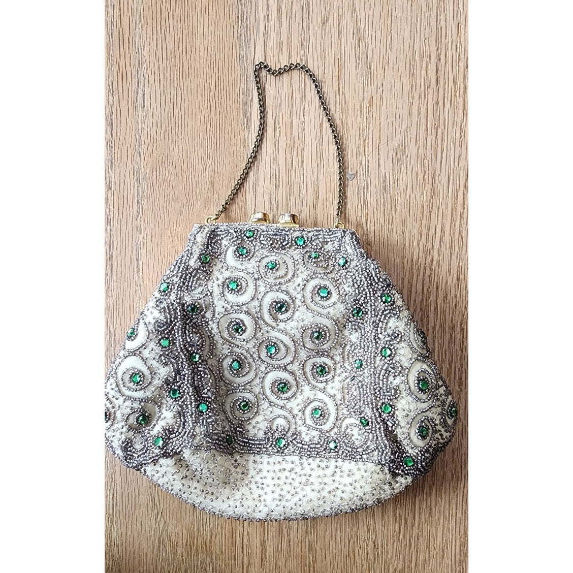 Vintage 30s Beaded Evening Bag Green Rhinestone Scrollwork