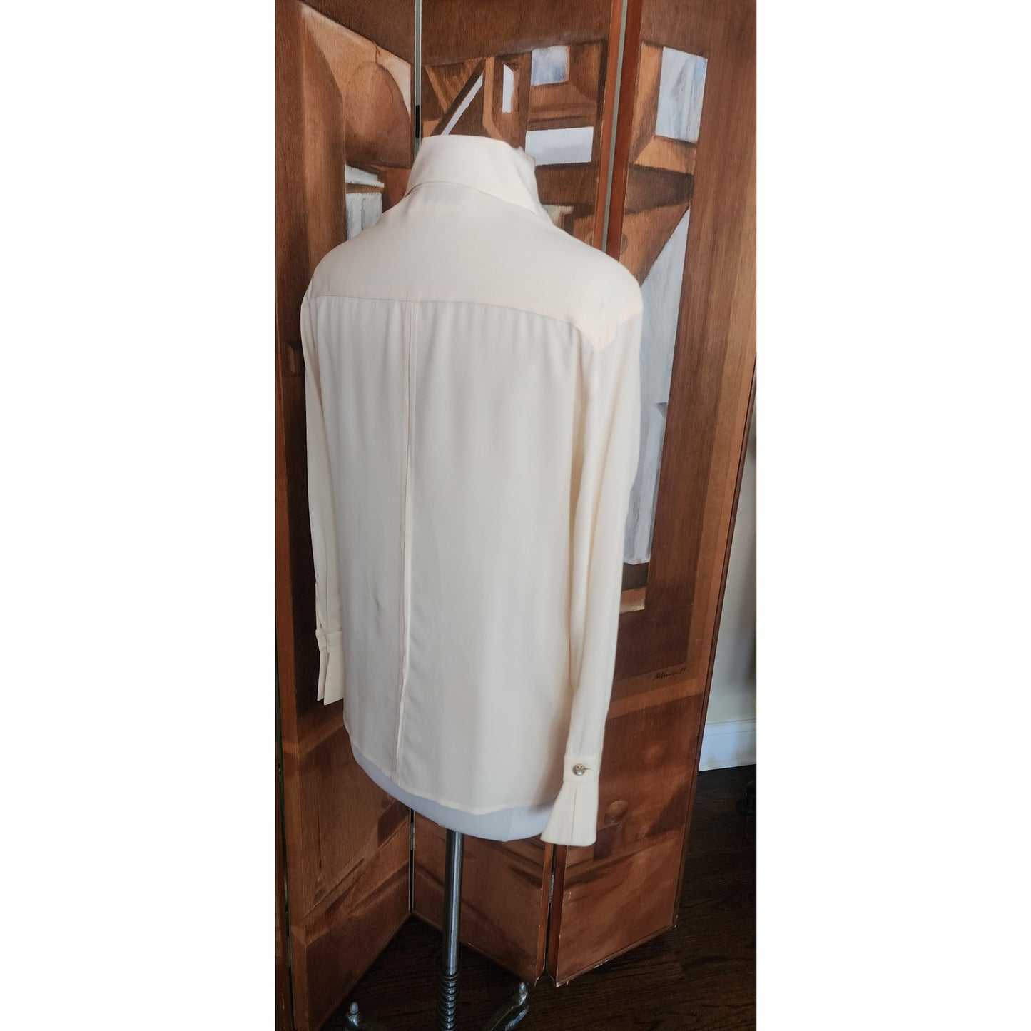 Vintage 1980s Karl Lagerfeld Blouse Cream Silk Shirt Asymmetric Button Down S