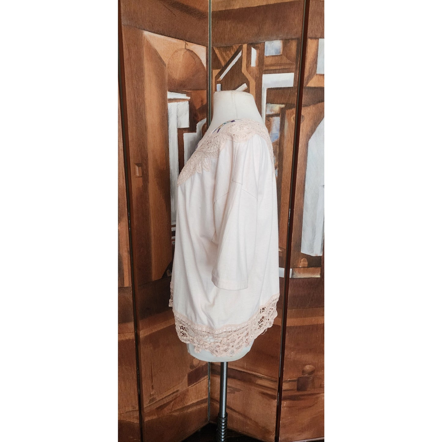 Vintage 70s Peasant Blouse Embroidered Cream Cotton Lace Short Sleeves
