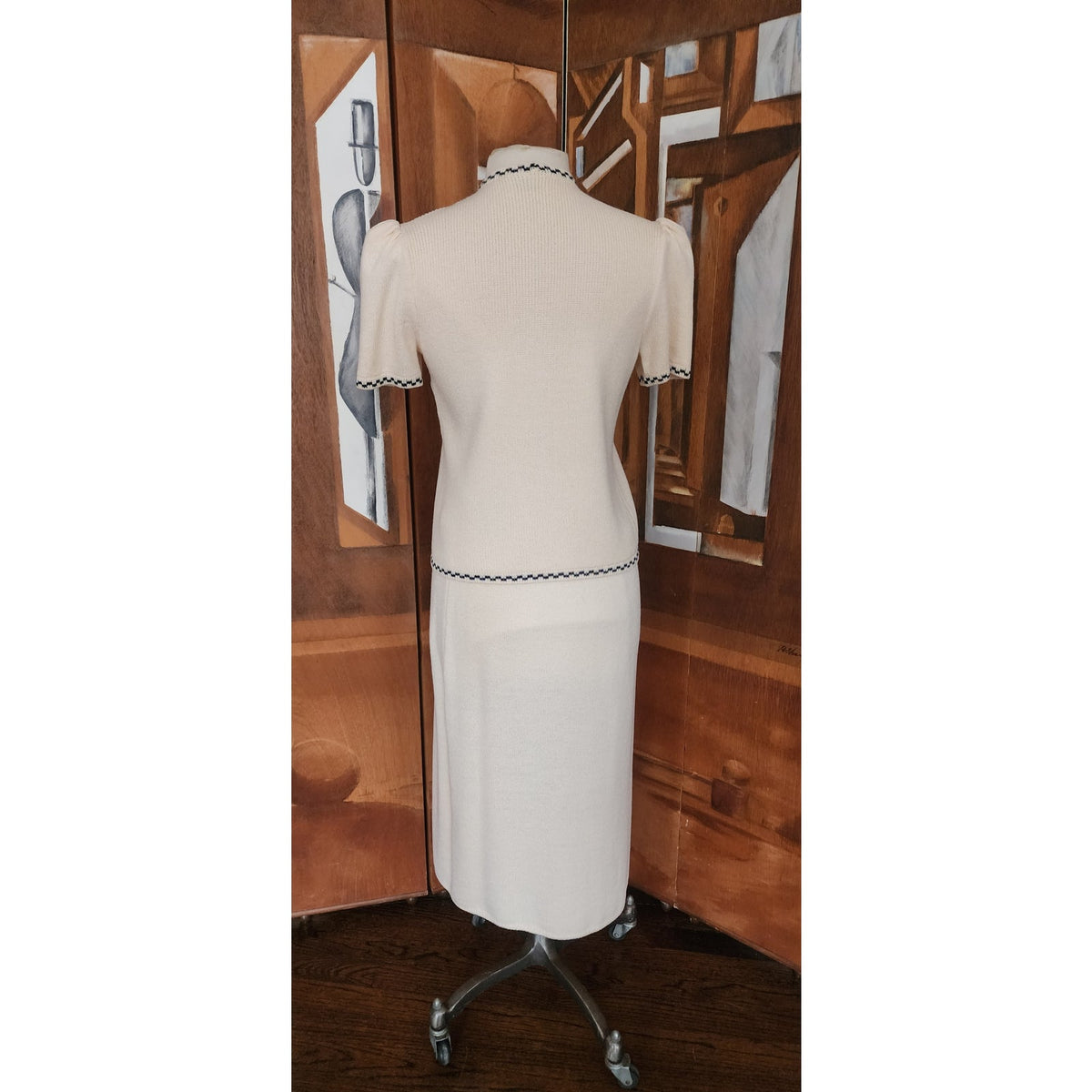 Vintage 1980s St. John Suit Jacket Cardigan Sweater + Skirt Set Cream Knit Marshall Fields